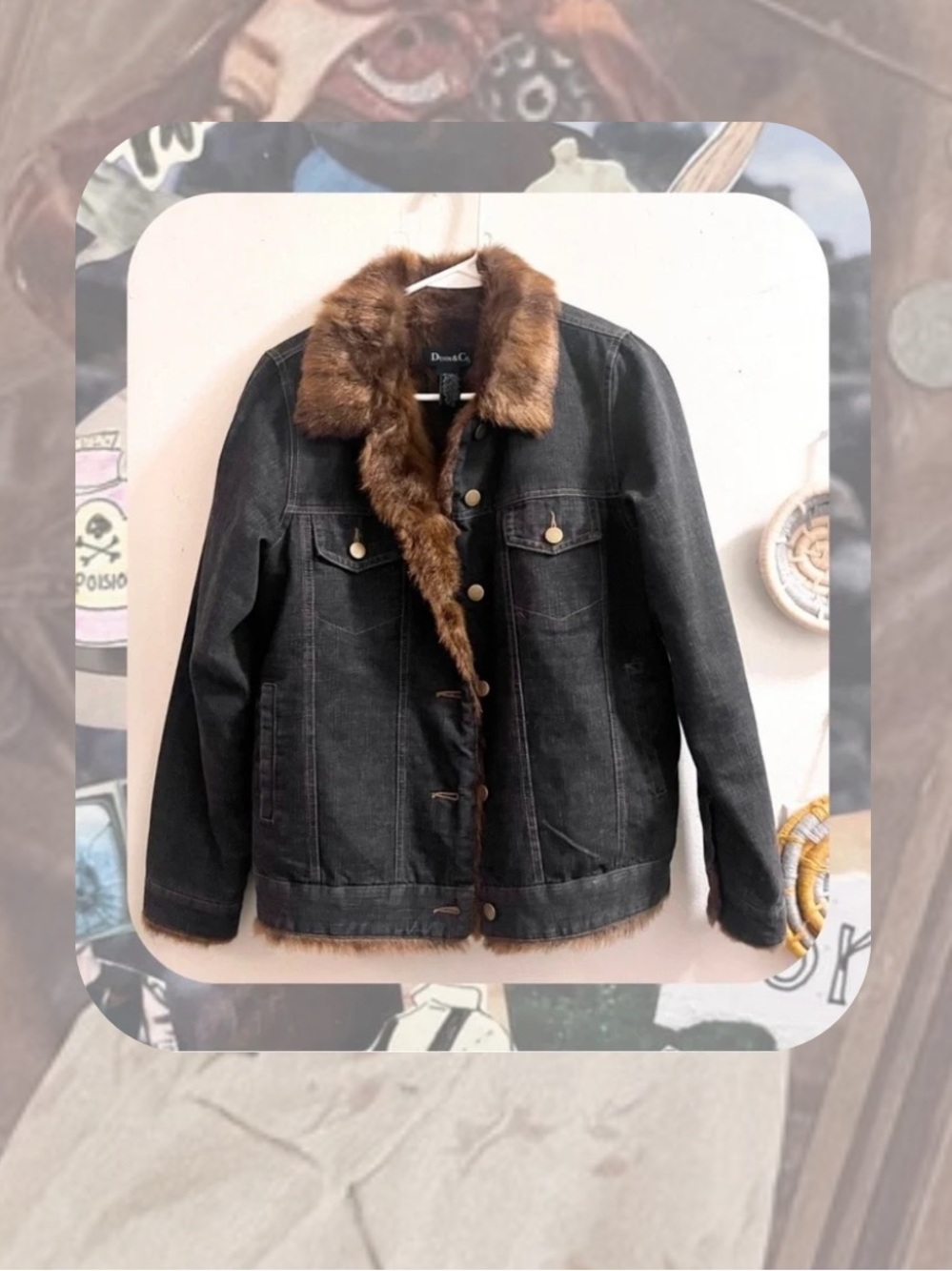 🆕 black denim jacket with brown faux fur lining & collar